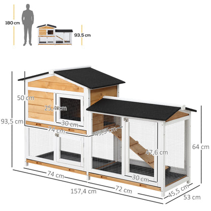 PawHut Coelheira de Madeira Exterior Gaiola para Coelhos de 2 Níveis com Teto Asfáltico 2 Cercados de Metal Bandeja Removível 3 Portas e Rampa 157,4x53x93,5cm Natural