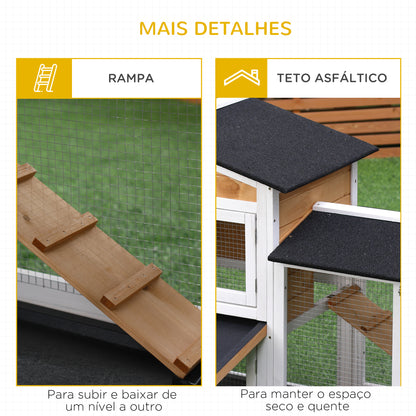 PawHut Coelheira de Madeira Exterior Gaiola para Coelhos de 2 Níveis com Teto Asfáltico 2 Cercados de Metal Bandeja Removível 3 Portas e Rampa 157,4x53x93,5cm Natural