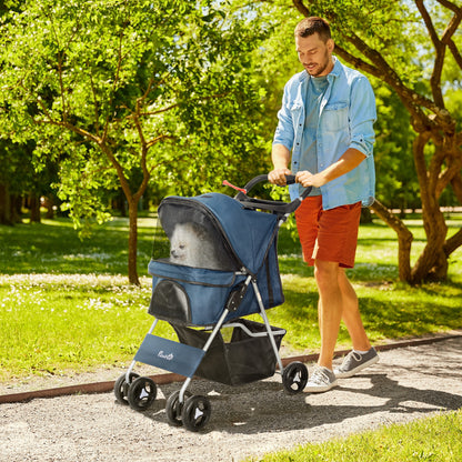 PawHut Carrinho para Animais de Estimação Dobrável para Cães com Capô Ajustável Cesta de Armazenamento e Rodas com Freio Tecido Oxford Estrutura de Aço 74x46x94 cm Azul Escuro