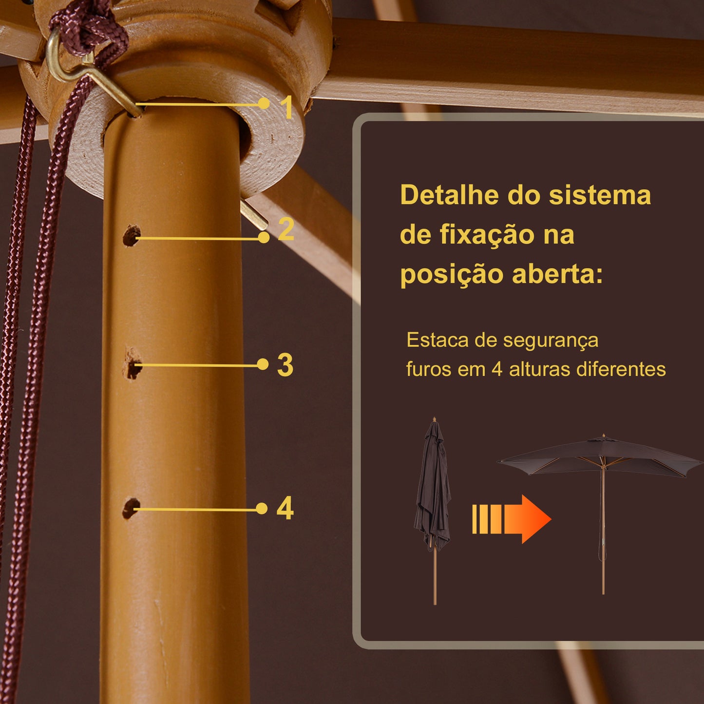 Outsunny Chapéu de Sol de Jardim com Sistema de Polia Teto Ventilado e Mastro de Madeira para Terraço Pátio Exterior 2,95x2x2,55m Café