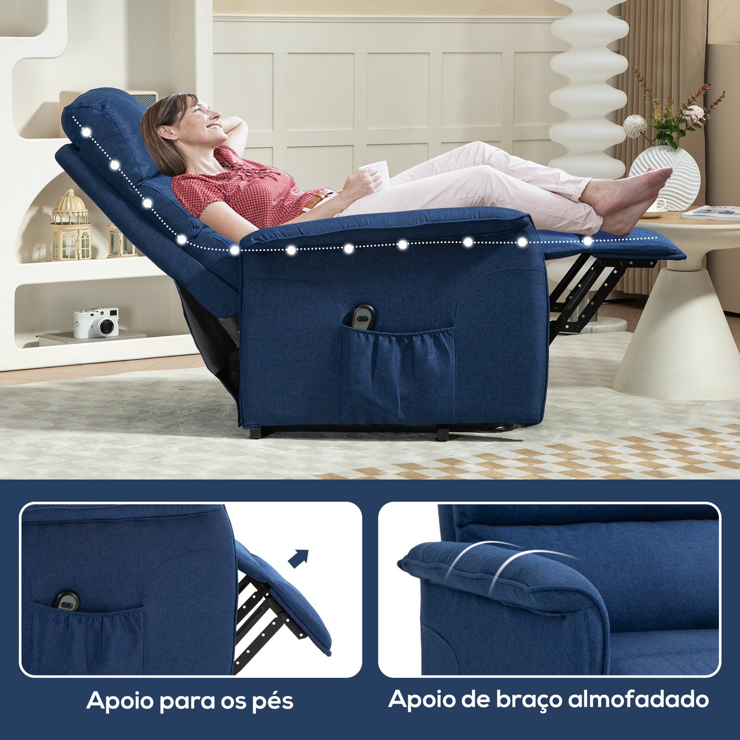 HOMCOM Poltrona Relax Reclinável Elétrica Poltrona Levanta Pessoas com Controlo Remoto e Bolso Lateral Poltrona Elétrica para Sala de Estar Dormitório 66x90x96 cm Azul