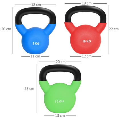 HOMCOM Conjunto de 3 Kettlebell de 12 kg 10 kg e 8 kg Kettlebell com Revestimento em Neopreno Punho Largo para Exercícios e Treinamento 20x13x23 cm 19x12x22 cm 18x11x20 cm Verde Vermelho e Azul