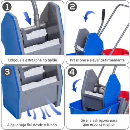 HOMCOM Carro de Limpeza Professional Carro de Limpeza de Metal com 2 Baldes de 25 Litros Removíveis Escorredor Manual e 4 Rodas 73x45x92cm Vermelho e Azul