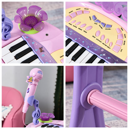 HOMCOM Piano Eléctrico Infantil 32 Teclas Piano Infantil com Microfone Banquinho Luzes Ritmos Sons MP3 Karaoke Modo Aprender Rosa