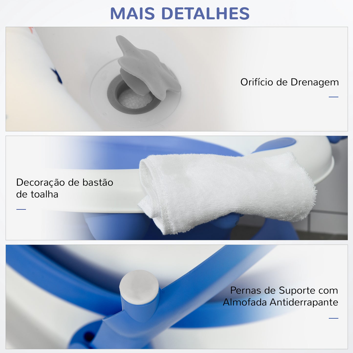 HOMCOM Banheira para Bebé Recém Nascido até 3 Anos Dobrável 30 Litros com Tampa Termossensível e Almofada Confortável Almofadas Antiderrapantes 81,5x50,5x23,5cm Azul e Branco