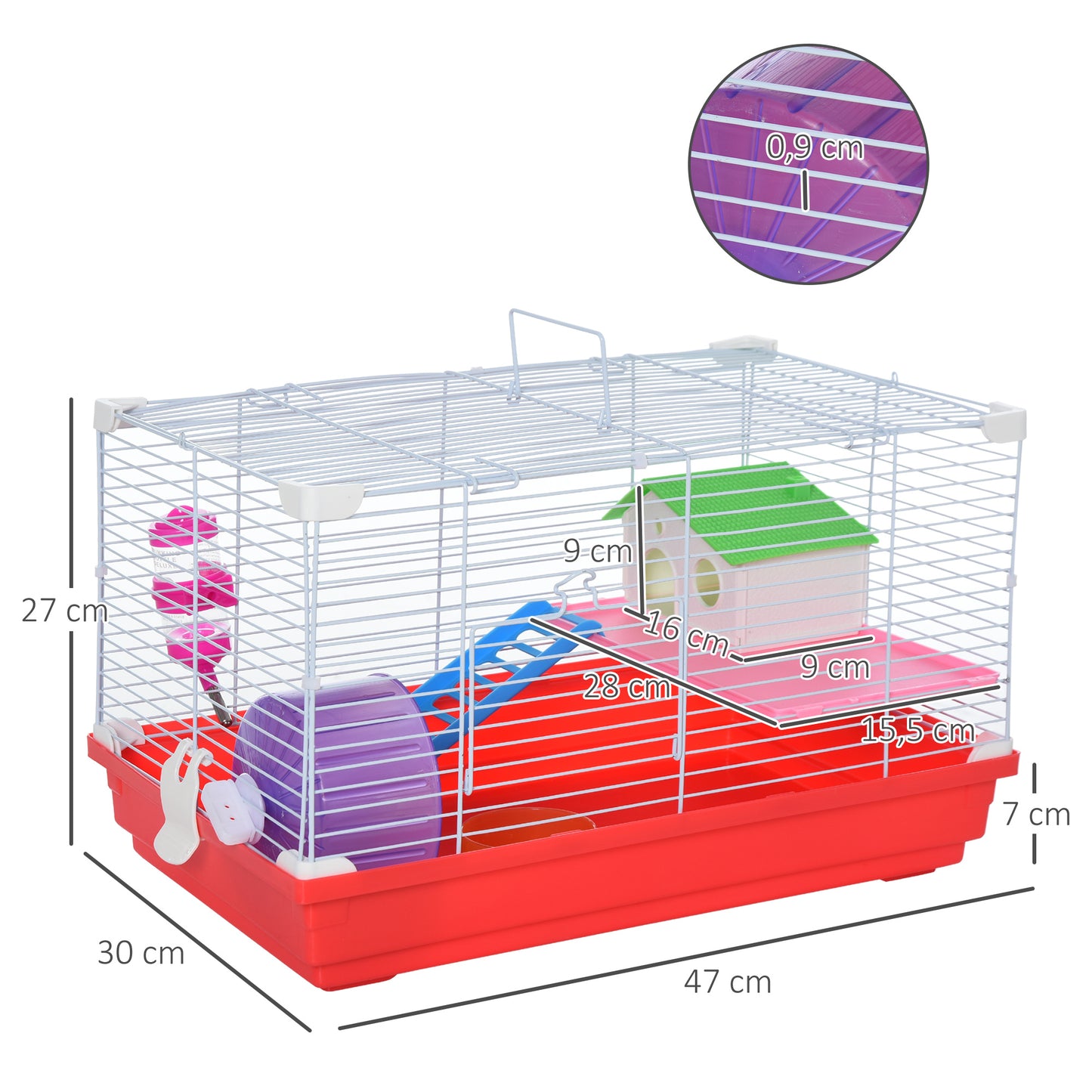 PawHut Gaiola para Hamster Casa para Hamster 47x30x27cm com 1 Andar Comedouro Bebedouro Rampa Roda de Exercício para Pequenos Animais Branco e Vermelho