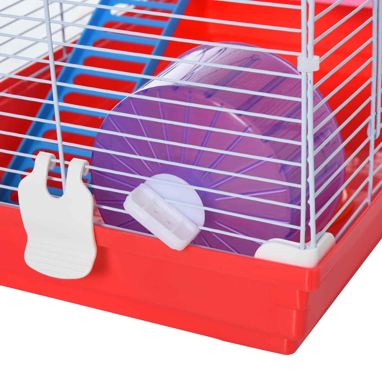 PawHut Gaiola para Hamster Casa para Hamster 47x30x27cm com 1 Andar Comedouro Bebedouro Rampa Roda de Exercício para Pequenos Animais Branco e Vermelho