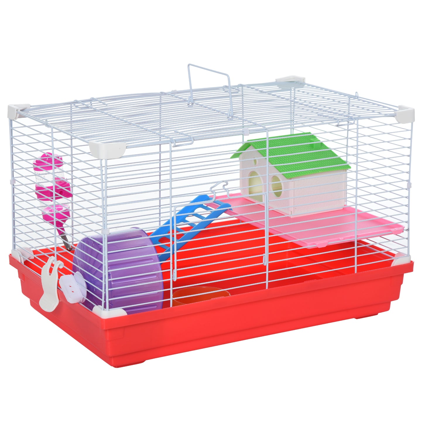 PawHut Gaiola para Hamster Casa para Hamster 47x30x27cm com 1 Andar Comedouro Bebedouro Rampa Roda de Exercício para Pequenos Animais Branco e Vermelho