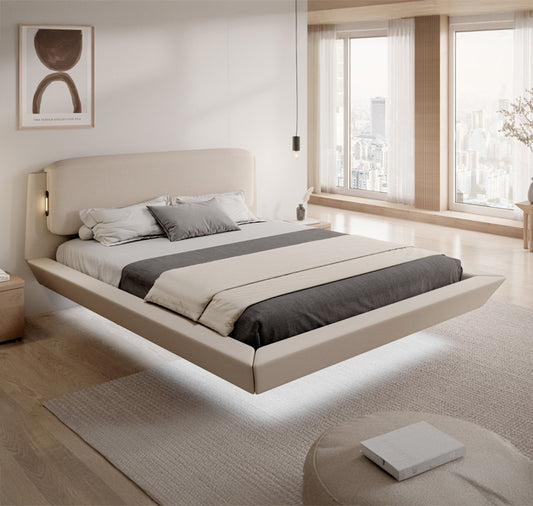 Cama de Casal Flutuante "Beatrice" em Bege - 180x200 cm - Design Moderno