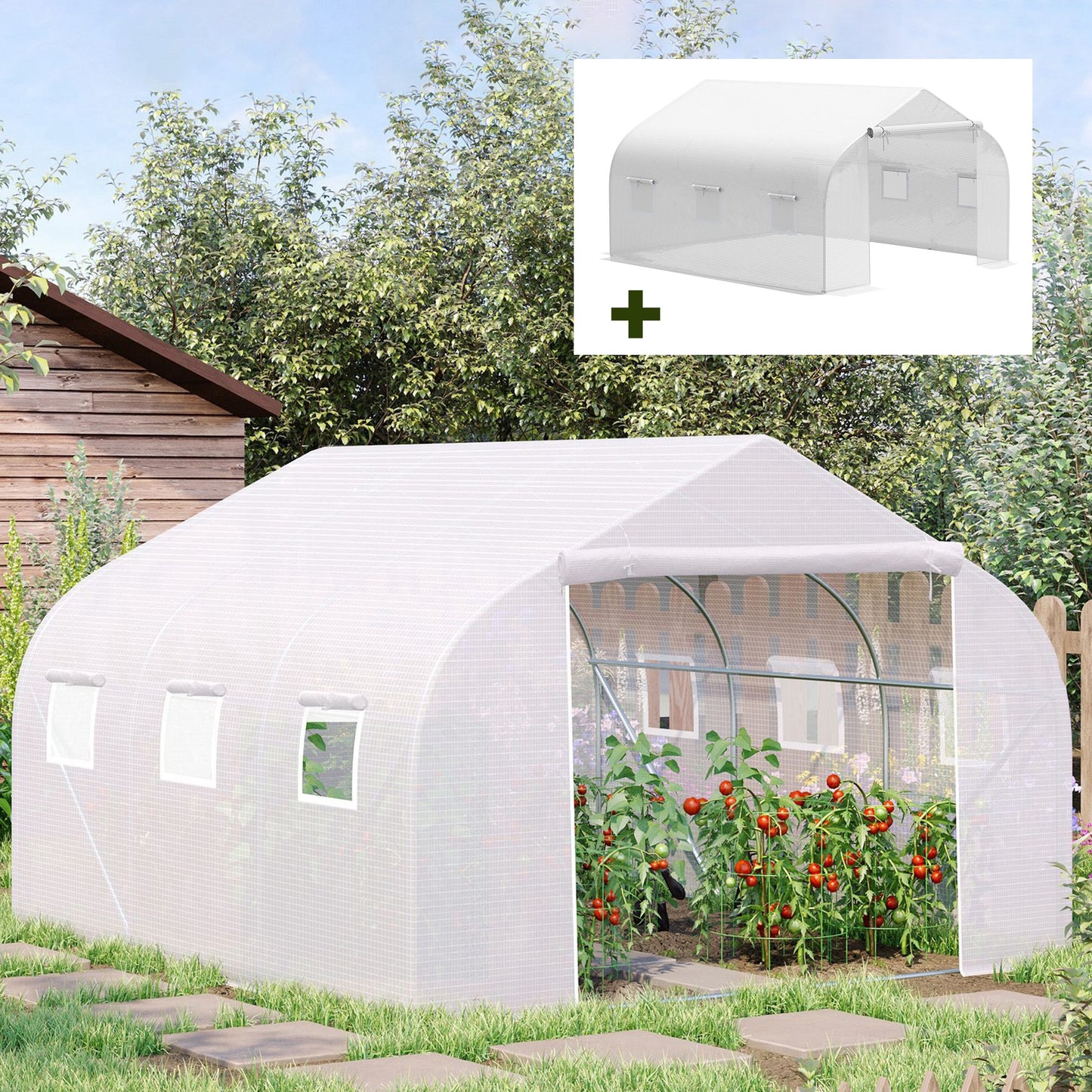 Outsunny Conjunto de Estufa Tipo Túnel e Cobertura de Substituição com Porta e 6 Janelas Enroláveis Anti-UV para Cultivos Plantas Flores 3,5x3x2 m Branco