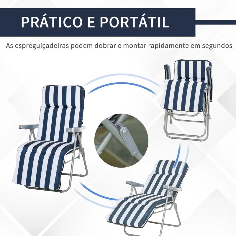 Conjunto de 2 Espreguiçadeiras com Encosto Ajustável - Azul e Branco - Design Contemporâneo