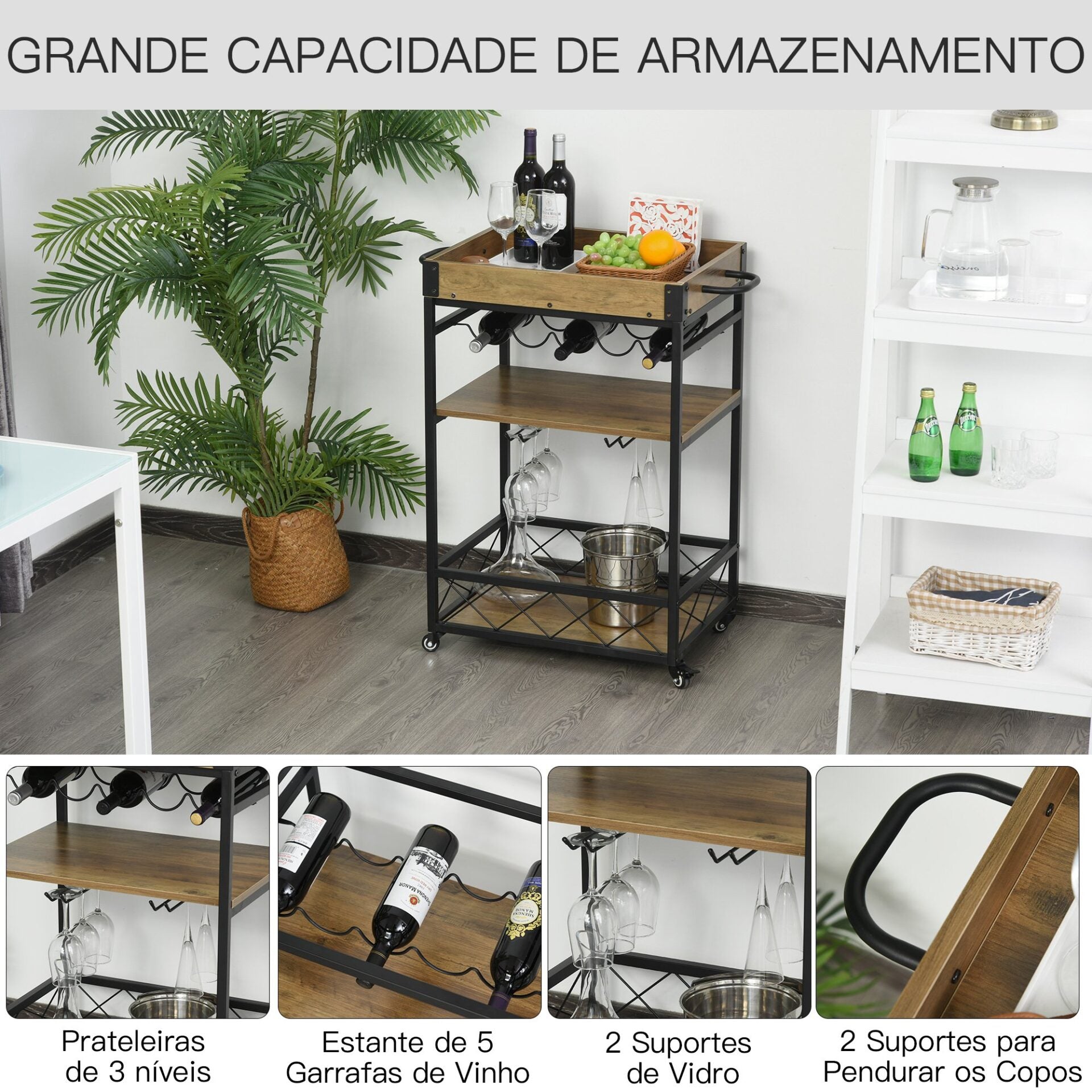 Carrinho de Cozinha Dalu com Garrafeira - Design Rústico - Leva-Me Contigo - Móveis & Decoração