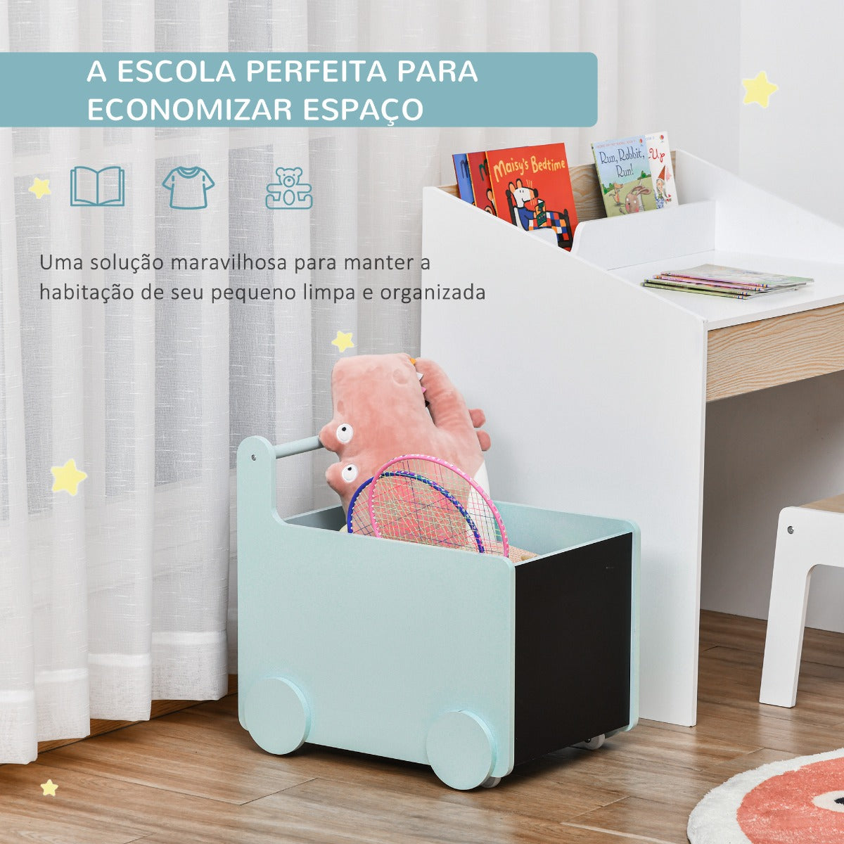 Organizador de Brinquedos Toys com Rodas - Azul - Design Nórdico - Leva-Me Contigo - Móveis & Decoração