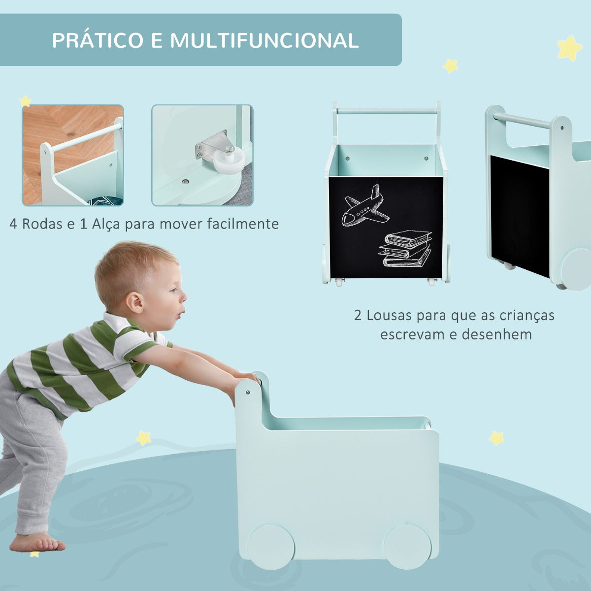 Organizador de Brinquedos Toys com Rodas - Azul - Design Nórdico - Leva-Me Contigo - Móveis & Decoração