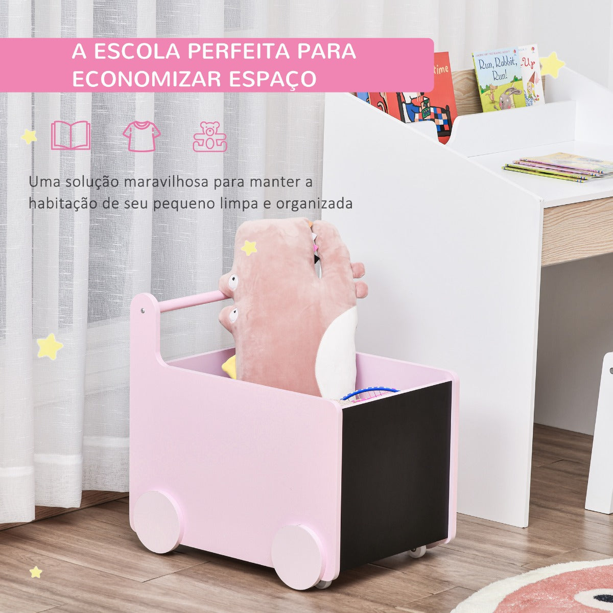 Organizador de Brinquedos Toys com Rodas - Rosa - Design Nórdico - Leva-Me Contigo - Móveis & Decoração