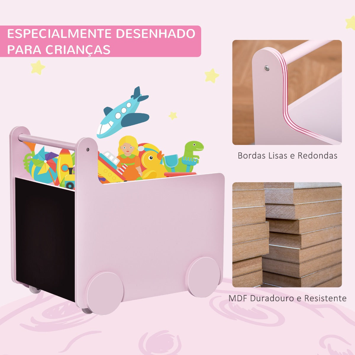 Organizador de Brinquedos Toys com Rodas - Rosa - Design Nórdico - Leva-Me Contigo - Móveis & Decoração