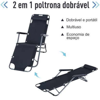 Espreguiçadeira Dobrável com Encosto - Preto - Design Ergonômico