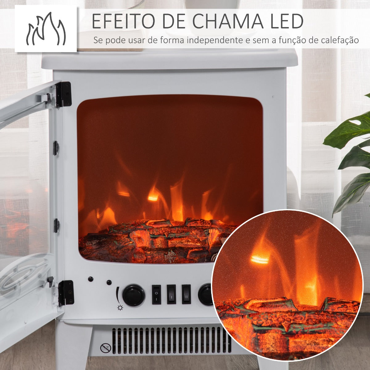 Lareira Elétrica Branca Portátil de Aquecimento com Temperatura Ajustável e Chama Realista - Leva-Me Contigo - Móveis & Decoração