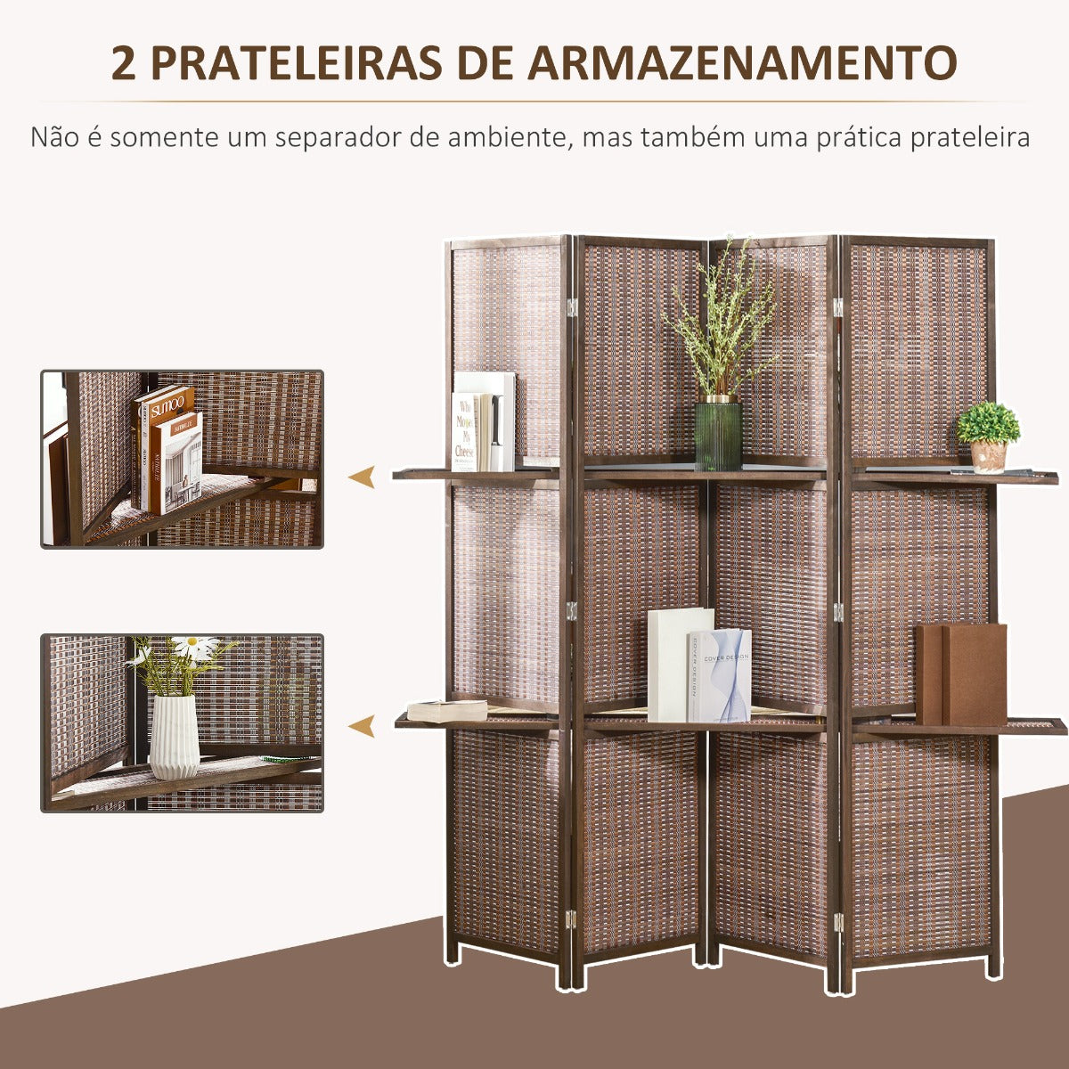 Biombo de 4 Panéis Dobrável com 2 Prateleiras Removíveis - Design Japonês - Leva-Me Contigo - Móveis & Decoração