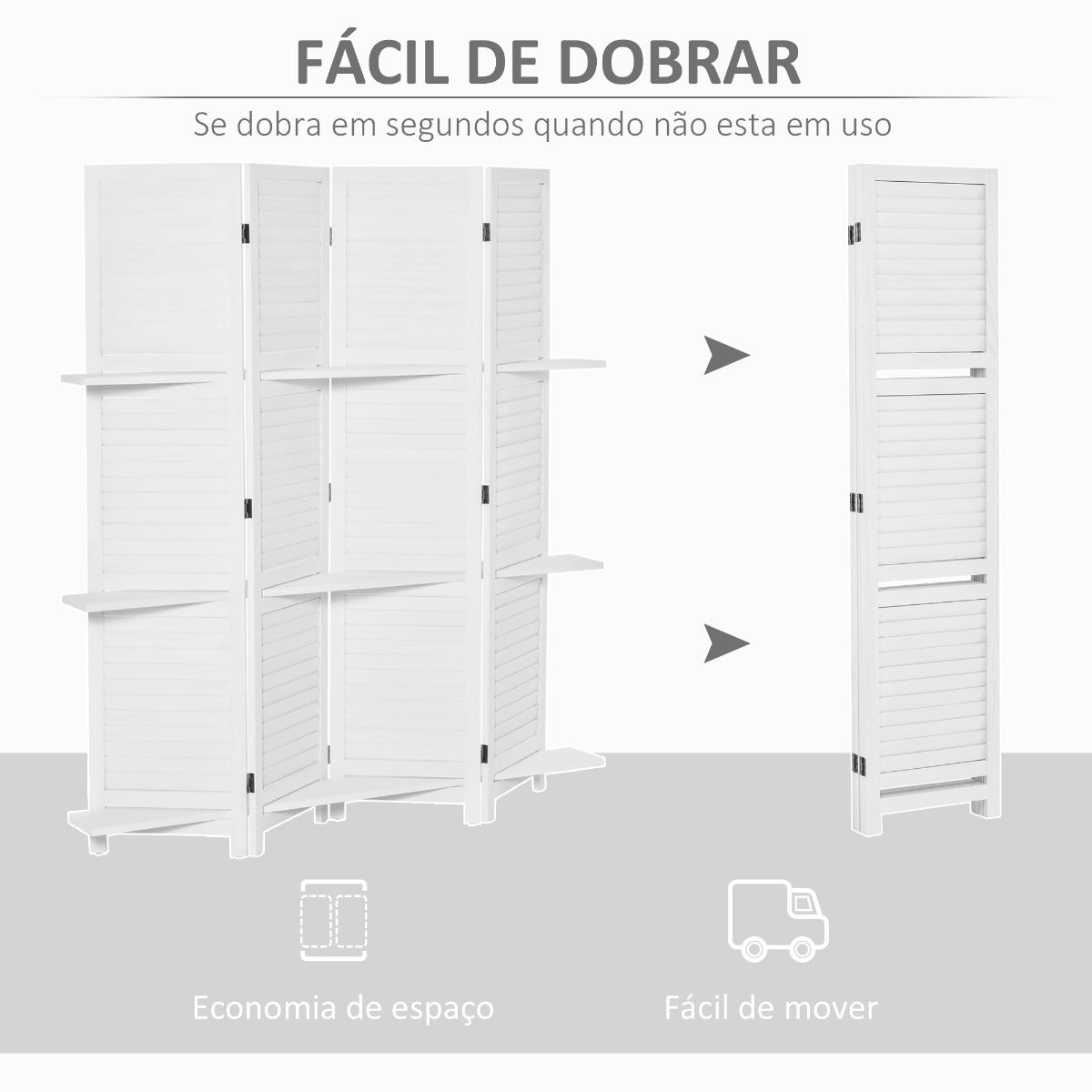 Biombo Branco de 4 Painéis Dobrável com 2 Prateleiras Removíveis - Design Japonês - Leva-Me Contigo - Móveis & Decoração