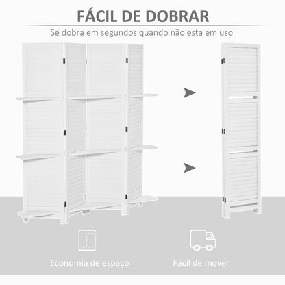 Biombo Branco de 4 Painéis Dobrável com 2 Prateleiras Removíveis - Design Japonês - Leva-Me Contigo - Móveis & Decoração