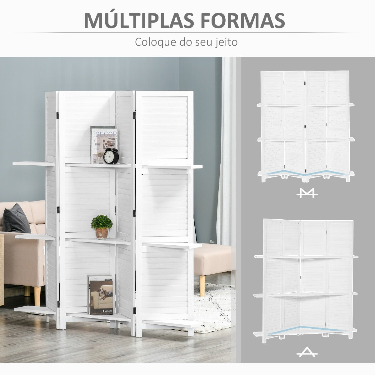 Biombo Branco de 4 Painéis Dobrável com 2 Prateleiras Removíveis - Design Japonês - Leva-Me Contigo - Móveis & Decoração