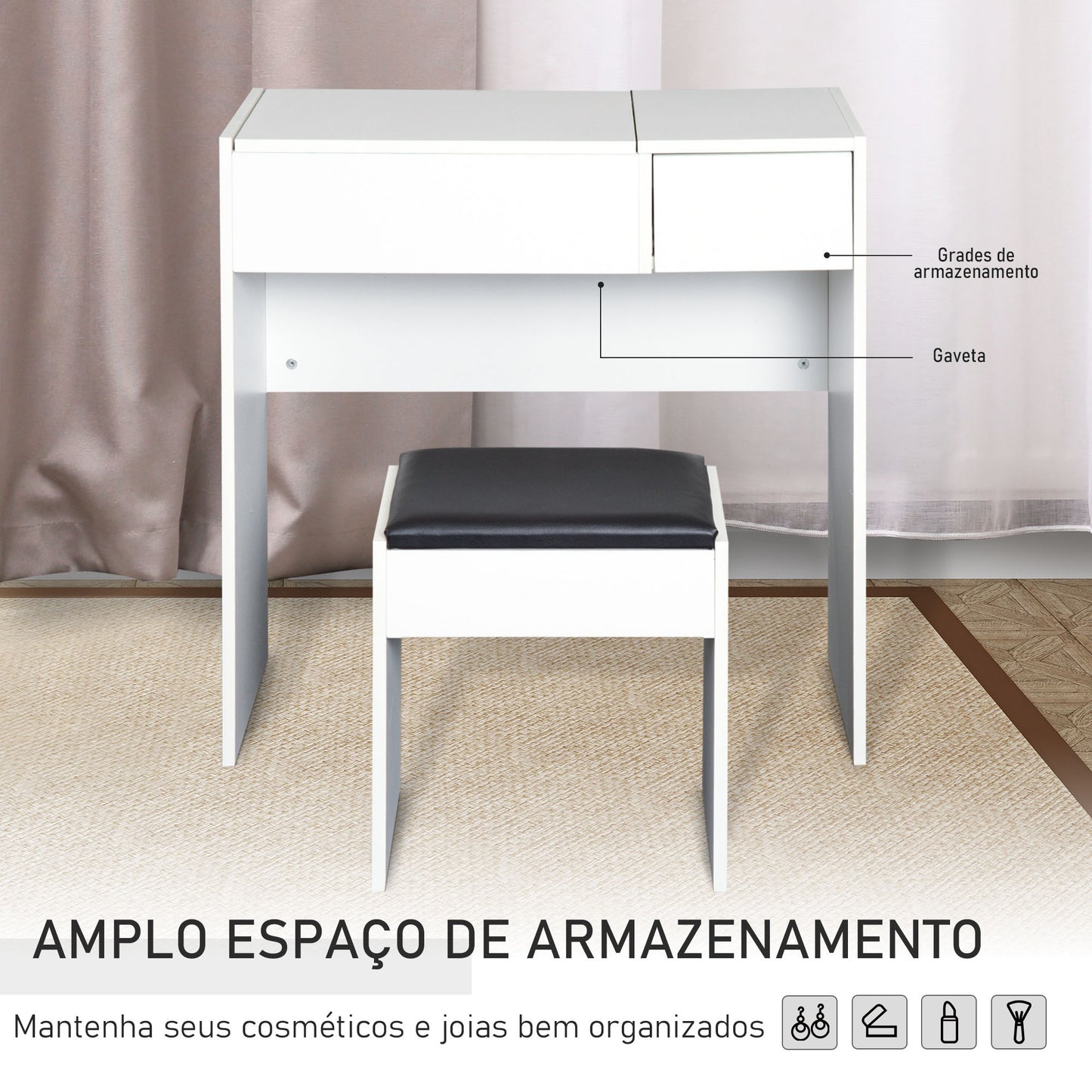 Toucador Aum Branco com Espelho e Banco - Design Moderno - Leva-Me Contigo - Móveis & Decoração