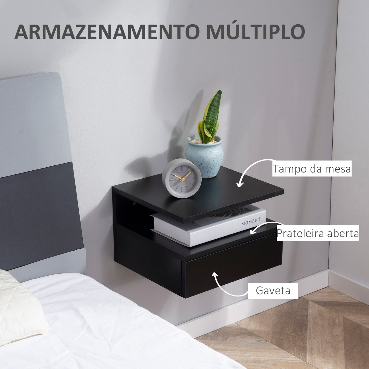 Conjunto de 2 Mesinhas de Cabeceira Flutuantes - Preto - Design Moderno - Leva-Me Contigo - Móveis & Decoração