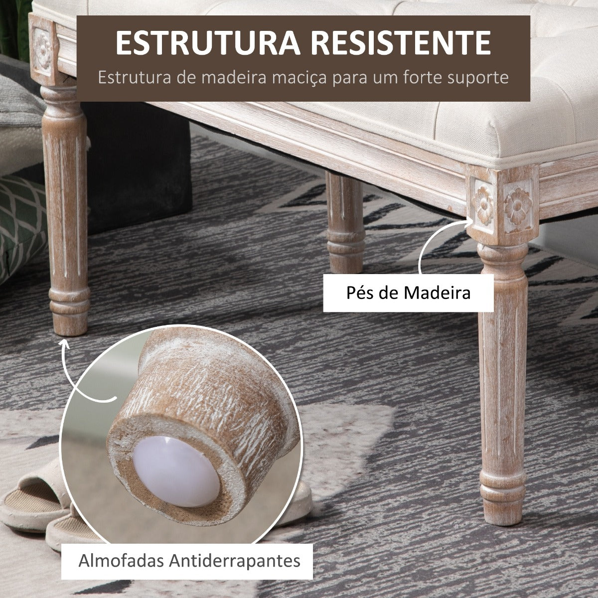 Banco Acolchoado com Pés de Madeira - Design Vintage - Leva-Me Contigo - Móveis & Decoração