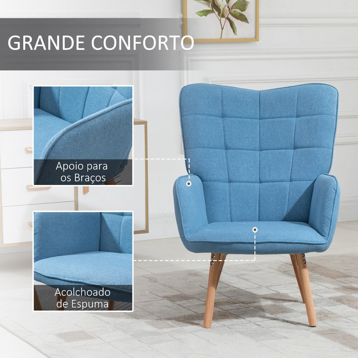 Poltrona WingBack Tufo - Azul - Design Nórdico - Leva-Me Contigo - Móveis & Decoração