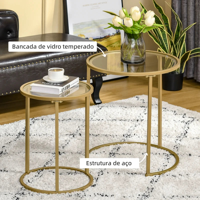 Conjunto de 2 Mesas de Apoio Chiara - Dourado - Design Moderno