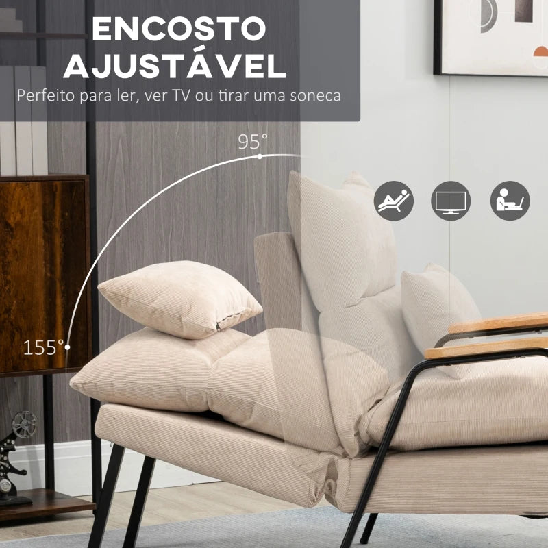 Poltrona Dutti em Veludo Cotelê com Apoio de Pés Reclinável - Bege - Design Moderno