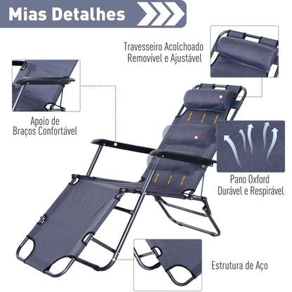 Espreguiçadeira Dobrável com Encosto - Cinzento - Design Ergonômico