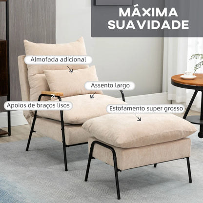 Poltrona Dutti em Veludo Cotelê com Apoio de Pés Reclinável - Bege - Design Moderno