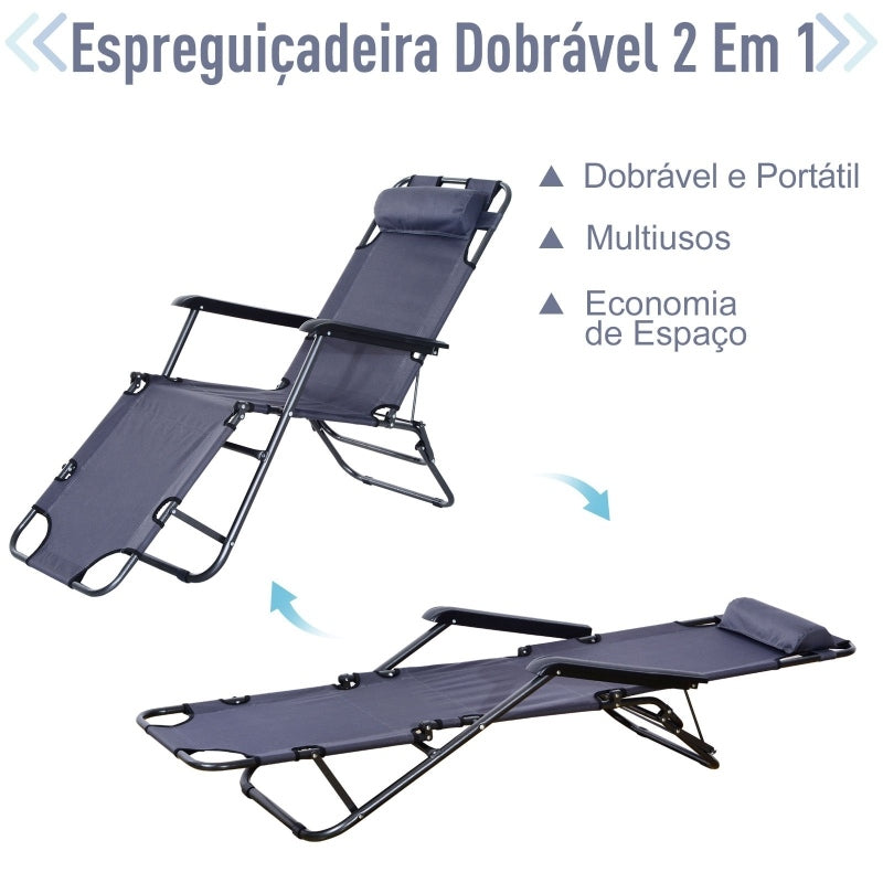 Espreguiçadeira Dobrável com Encosto - Cinzento - Design Ergonômico