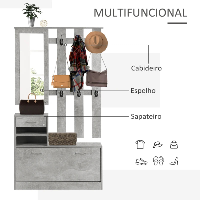 Conjunto de Entrada Dhyana Cinza - Sapateira, Espelho e Cabide - Design Contemporâneo - Leva-Me Contigo - Móveis & Decoração