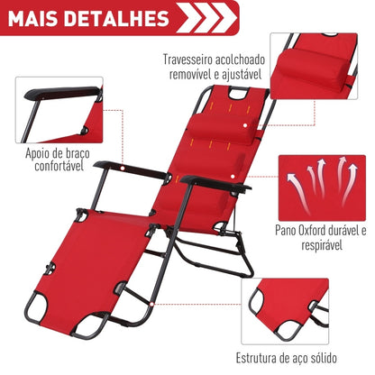 Espreguiçadeira Dobrável com Encosto - Vermelho - Design Ergonômico