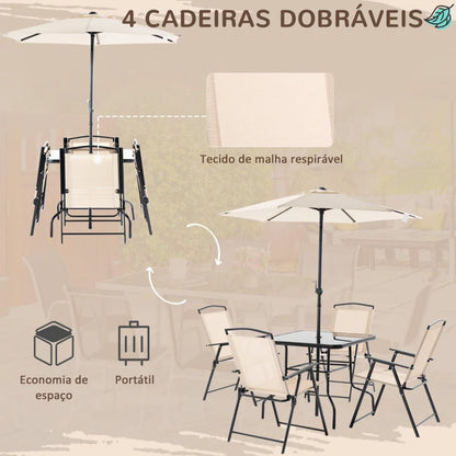 Conjunto de Refeição - 4 Cadeiras, Mesa e Guarda Sol - Bege