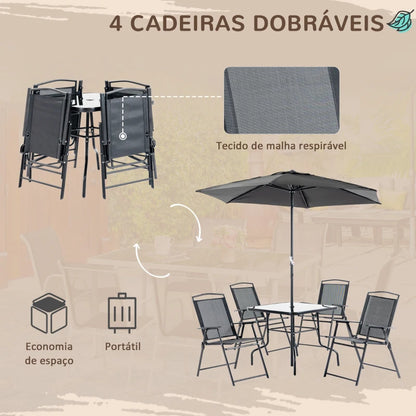 Conjunto de Refeição - 4 Cadeiras, Mesa e Guarda Sol - Preto