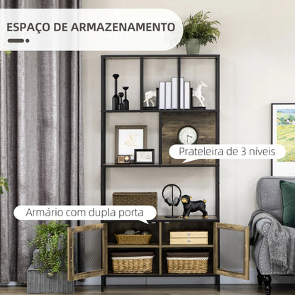 Estante Notre - Cor Madeira e Preto - 90x33,5x180cm - Com 2 Portas em Grade - Design Industrial