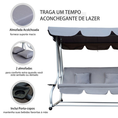 Baloiço de Jardim Convertível em Cama com Toldo - Cinzento - Design Moderno