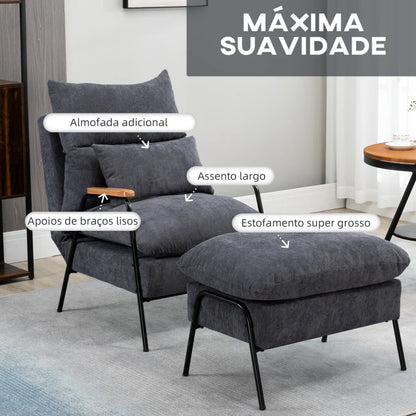 Poltrona Dutti em Veludo Cotelê com Apoio de Pés Reclinável - Cinzento - Design Moderno