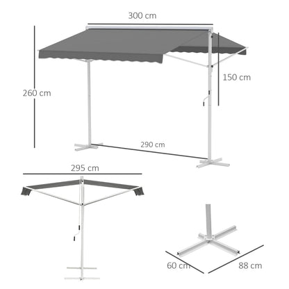 Toldo de Pé Ajustável com Manivela - 300x295x260cm - Cinzento